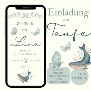 Einladung Taufe digital, Taufeinladung WhatsApp, Edtierbare Canva Vorlage, elektronische Einladungskarte Tauffest Mädchen, E-Card in Salbei