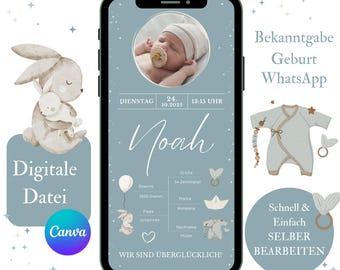 May include: A blue and white digital announcement for a baby's birth. The announcement includes a photo of the baby, the baby's name "Noah", the date and time of birth, and the baby's weight and length. The announcement also includes the parents' names and the baby's last name. The announcement is decorated with stars and a bunny rabbit.