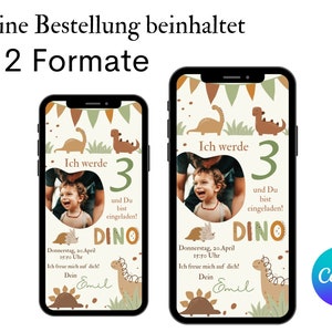 May include: Two digital birthday invitations with a dinosaur theme. The invitations are in portrait orientation and feature a photo of a young boy, the text "Ich werde 3" (I am turning 3), and a dinosaur graphic. The invitations are designed in a light brown, green, and beige color scheme.