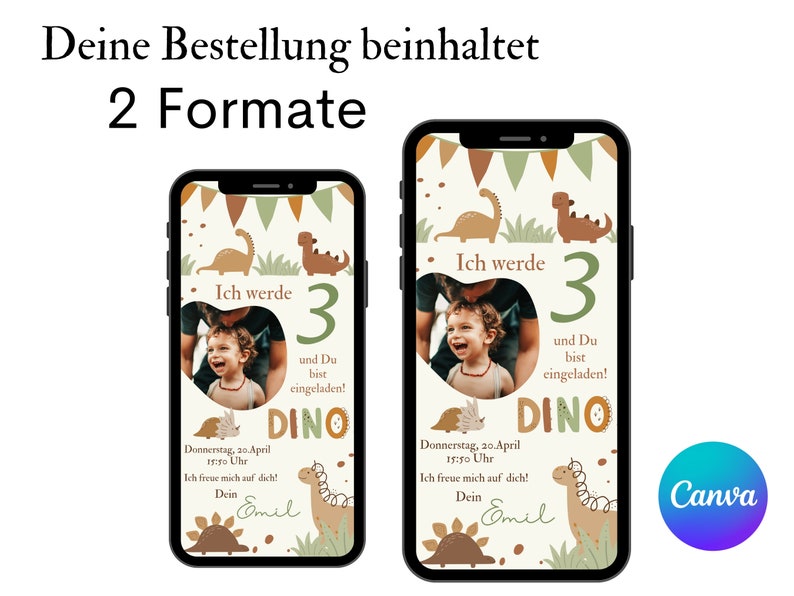 May include: Two digital birthday invitations with a dinosaur theme. The invitations are in portrait orientation and feature a photo of a young boy, the text "Ich werde 3" (I am turning 3), and a dinosaur graphic. The invitations are designed in a light brown, green, and beige color scheme.