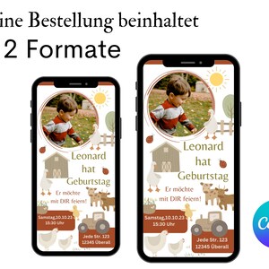 K&ouml;nnte beinhalten: Zwei digitale Geburtstagseinladungen f&uuml;r einen Jungen namens Leonard. Die Einladungen zeigen eine Comic-Farm-Szene mit einem Traktor, H&uuml;hnern und einer Gans. Der Text auf den Einladungen lautet "Leonard hat Geburtstag" und enth&auml;lt das Datum und die Uhrzeit der Party. Die Einladungen sind im rustikalen Stil mit braunen, gr&uuml;nen und gelben Farben gestaltet.