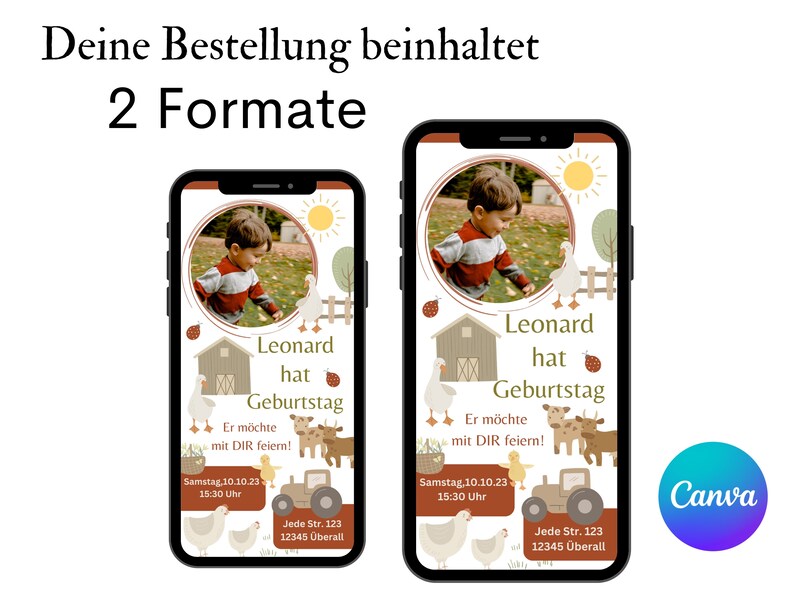 K&ouml;nnte beinhalten: Zwei digitale Geburtstagseinladungen f&uuml;r einen Jungen namens Leonard. Die Einladungen zeigen eine Comic-Farm-Szene mit einem Traktor, H&uuml;hnern und einer Gans. Der Text auf den Einladungen lautet "Leonard hat Geburtstag" und enth&auml;lt das Datum und die Uhrzeit der Party. Die Einladungen sind im rustikalen Stil mit braunen, gr&uuml;nen und gelben Farben gestaltet.