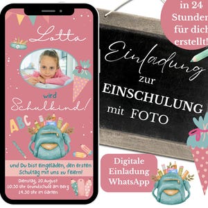 Invitation à l'école pour les filles, carte d'invitation numérique pour la rentrée scolaire avec photo, invitation WhatsApp pour la rentrée scolaire, eCard pour le premier jour d'école rose