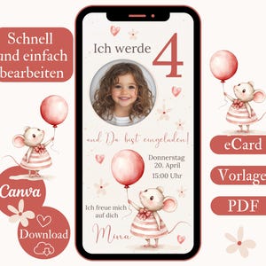 Einladung Geburtstag Mädchen 4 Jahre, digitale Einladungskarte zum 4. Geburtstag, WhatsApp Foto eCard Geburtstagseinladung für Canva  in rot