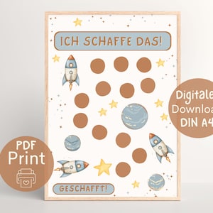 Plan de recompensas, tabla de recompensas para niños, plan de refuerzo infantil, sistema de recompensas cohete PDF para imprimir en DIN A4, póster para habitación infantil