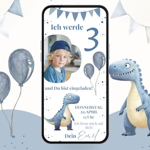 Digital Dinosaur Birthday Party Invitation for Boys with Photo – T-Rex eCard Blue with Balloons | Personalized Invitation Card