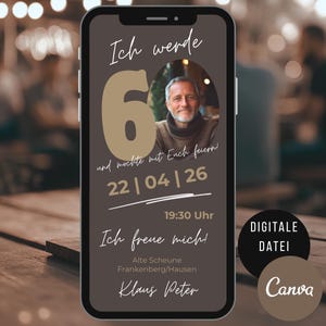 Uitnodiging 60e verjaardag man, digitale uitnodigingskaart WhatsApp-feest, eCard Canva-sjabloon met foto, verjaardagsuitnodiging rond verjaardag