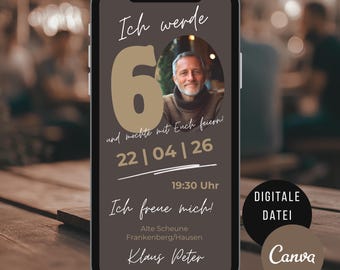 男性の60歳の誕生日の招待状、WhatsAppパーティーのデジタル招待状、写真付きeカードCanvaテンプレート、節目の誕生日の招待状
