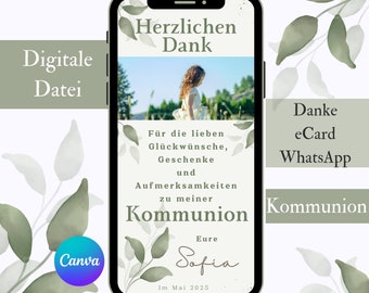 Thank you card for First Communion, eucalyptus design, digital thank you with photo for WhatsApp, eCard for First Communion, Canva template, photo card for girls, thank you very much