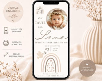 Invitación de bautizo con foto y arcoíris | personalizable para niño o niña | invitación de bautizo en beige y blanco