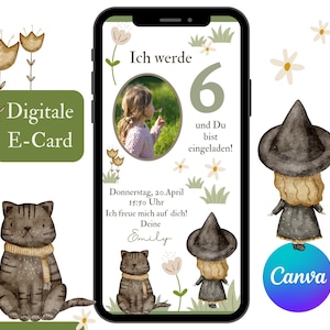 Convite digital com cartão de convite com foto WhatsApp aniversariante infantil, eCard modelo Canva de aniversário gato, convite de aniversário