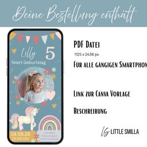 May include: A digital invitation design for a birthday party, featuring a photo of a young girl, a unicorn, and a rainbow. The design includes the text "Lilly 5 feiert Geburtstag" and other details.