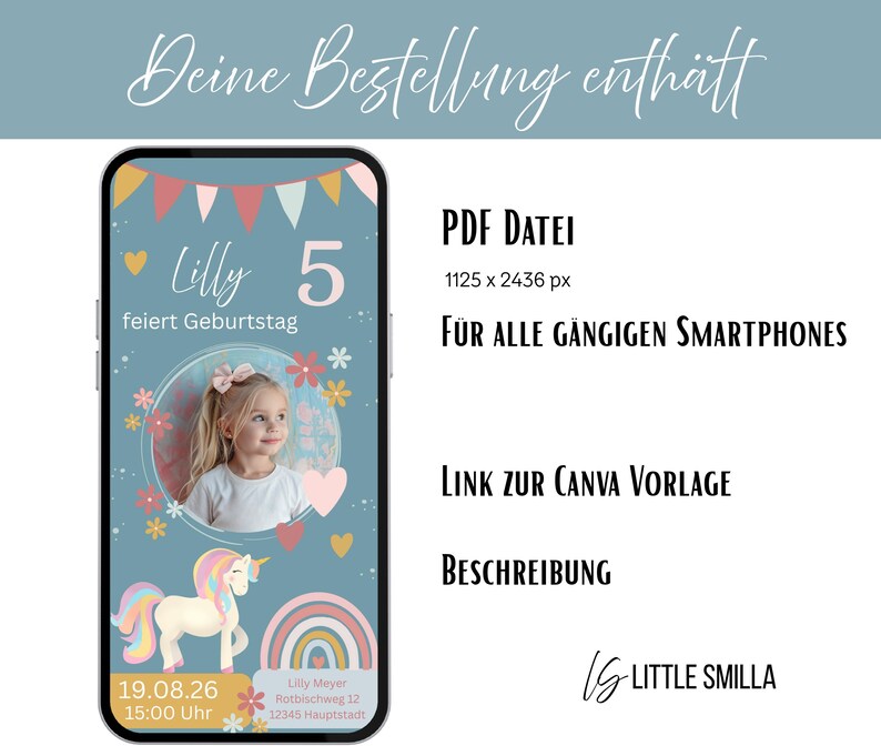 May include: A digital invitation design for a birthday party, featuring a photo of a young girl, a unicorn, and a rainbow. The design includes the text "Lilly 5 feiert Geburtstag" and other details.