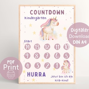 Cuenta regresiva Kita Einhorn, Voy a ser una niña Kita, Por fin una niña de jardín de infancia, Horario diario PDF para imprimir DIN A4, Primer día de jardín de infancia niña