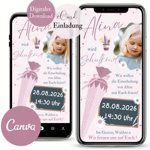 Invitation numérique pour le premier jour d'école des filles, e-carte pour le premier jour d'école, modèle de carte d'invitation Canva, e-carte pour le premier jour d'école photo et cône d'école rose