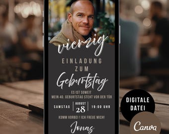 Invitation for a man's 40th birthday, digital invitation card for a WhatsApp birthday party, eCard Canva template with photo, birthday invitation for men