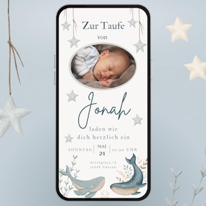 Christening invitation with photo | Personalized invitation to the christening of a boy girl, whale motif