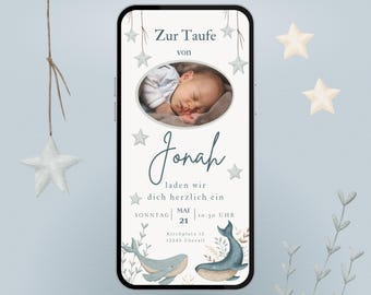 Invitación de bautizo con foto | Invitación personalizada para el bautizo de un niño o niña, con motivo de ballena.