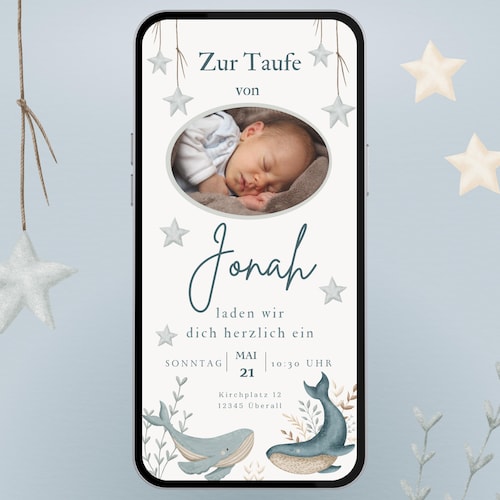 Invitation de baptême avec photo | Invitation personnalisée pour le baptême d'un garçon ou d'une fille, motif baleine