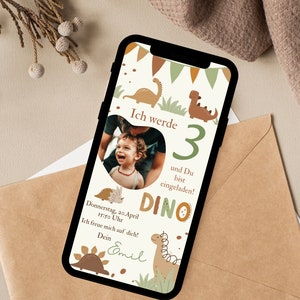 May include: A digital invitation for a 3rd birthday party with a dinosaur theme. The invitation features a photo of a child, a green number 3, and the text "Ich werde 3 und Du bist eingeladen! DINO".