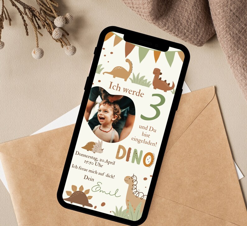 May include: A digital invitation for a 3rd birthday party with a dinosaur theme. The invitation features a photo of a child, a green number 3, and the text "Ich werde 3 und Du bist eingeladen! DINO".