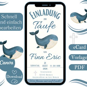Digitale Einladung zur Taufe, E-Card Taufe Einladung Junge und Mädchen, Karte Editierbar in Canva, Einladungskarte WhatsApp, Taufkarte