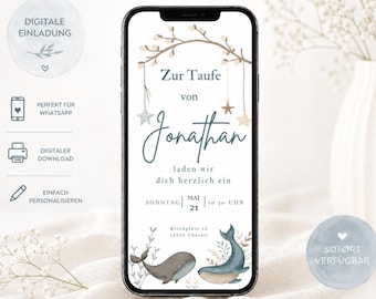 Invitación digital de bautizo | Tarjeta electrónica de bautizo para niños y niñas, con diseño de ballena