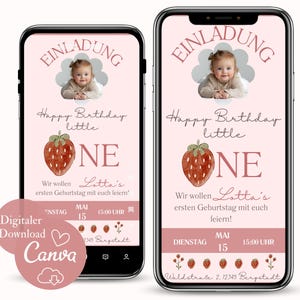 Einladung Kindergeburtstag Mädchen – Digitale Einladungskarte 1. Geburtstag mit ONE Motiv Erdbeere und Foto, Canva Vorlage 1 Jahr rosa