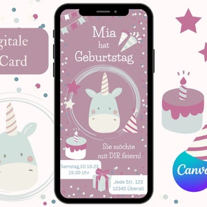 Digitale Einladung zum Kindergeburtstag mit Einhorn, e-Card Geburtstagseinladung Mädchen, Einladungskarte WhatsApp, Vorlage Canva Einhorn