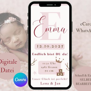 Tarjeta de nacimiento digital rosa, anuncio de nacimiento de niña, plantilla de anuncio de nacimiento Canva, tarjeta electrónica de anuncio de nacimiento WhatsApp, plantilla de datos de nacimiento