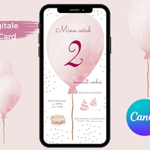 Digitale Einladung Kindergeburtstag, E Card 2. Geburtstag, WhatsApp Einladung rosa, editierbare Vorlage Mädchen Luftballon Einladungskarte