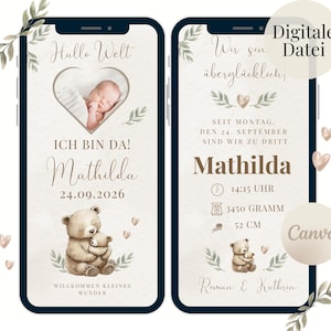 Anuncio de nacimiento digital, anuncio de nacimiento de niña o niño, plantilla de tarjeta de nacimiento Canva, tarjeta electrónica de anuncio de nacimiento WhatsApp, plantilla de datos de nacimiento