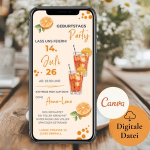 Einladung Geburtstag Party Frau, digitale Einladungskarte WhatsApp Cocktail Aperol, eCard Vorlage Geburtstagsparty, Gartenparty, Sommerparty