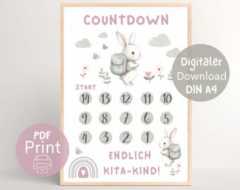 Countdown to Kindergarten, I'm a Kindergarten Kid, Finally a Kindergarten Kid, Reinforcement Plan PDF for Printing (DIN A4), First Day of Kindergarten (Girl, Pink)