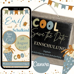 Save the Date Einladung Einschulung, E-Card Ankündigung Schulanfang, personalisierte Karte Schulstart 1.Klasse Schultüte Junge Mädchen bunt