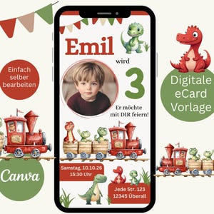 K&ouml;nnte beinhalten: Digitale eCard Vorlage f&uuml;r einen Kindergeburtstag. Das Design zeigt ein Foto eines kleinen Jungen, die Zahl 3 und Illustrationen von Dinosauriern und einem Zug. Der Text enth&auml;lt den Namen des Kindes, Party-Details und den Satz "Digitale eCard Vorlage."