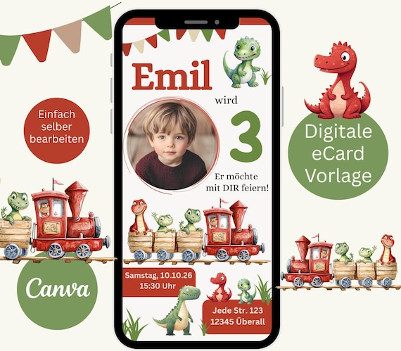 Einladung zum Kindergeburtstag mit Dinos, personalisierbare eCard mit Foto für WhatsApp, Canva Vorlage, Geburtstagseinladung Junge Mädchen