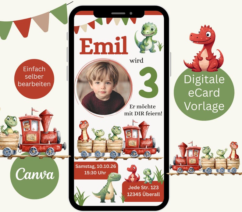 K&ouml;nnte beinhalten: Digitale eCard Vorlage f&uuml;r einen Kindergeburtstag. Das Design zeigt ein Foto eines kleinen Jungen, die Zahl 3 und Illustrationen von Dinosauriern und einem Zug. Der Text enth&auml;lt den Namen des Kindes, Party-Details und den Satz "Digitale eCard Vorlage."