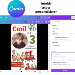 K&ouml;nnte beinhalten: Digitale Designoberfl&auml;che mit einer Geburtstagseinladungsvorlage. Die Einladung zeigt ein Foto eines Kindes, den Namen "Emil" und Dinosaurier-Illustrationen. Das Canva-Logo ist oben links sichtbar.
