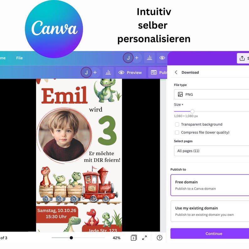 K&ouml;nnte beinhalten: Digitale Designoberfl&auml;che mit einer Geburtstagseinladungsvorlage. Die Einladung zeigt ein Foto eines Kindes, den Namen "Emil" und Dinosaurier-Illustrationen. Das Canva-Logo ist oben links sichtbar.