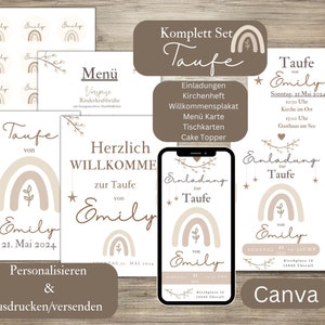 Einladungskarte zur Taufe, digitale Einladung Regenbogen, E-Card Einladung WhatsApp Boho, Taufeinladung zum personalisieren, Vorlage Canva