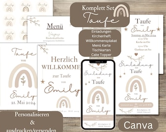 Baptism invitation card, digital rainbow invitation, boho e-card invitation for WhatsApp, personalized baptism invitation, Canva template