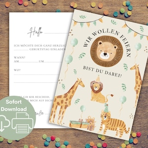 Uitnodiging kinderverjaardag dieren, uitnodigingskaart jongens, verjaardagsuitnodiging om safari uit te printen, leeuw tijger viering verjaardag, download