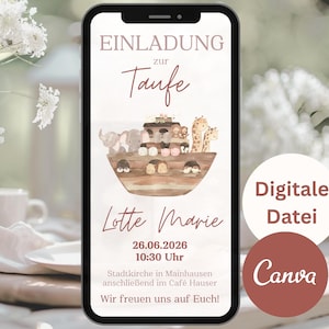 Invitation au baptême de l'Arche de Noé, carte d'invitation WhatsApp, carte virtuelle personnalisable pour baptême de fille, invitation au baptême de l'Arche Boho, modèle Canva en rose