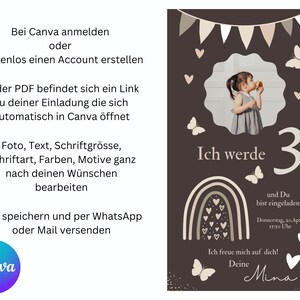 Puede incluir: Una invitaci&oacute;n de cumplea&ntilde;os marr&oacute;n con un arco&iacute;ris, corazones, mariposas y el texto "Ich werde 3" (Cumplo 3 a&ntilde;os). La invitaci&oacute;n tambi&eacute;n incluye el texto "und Du bist eingeladen!" (&iexcl;y t&uacute; est&aacute;s invitado!), "Donnerstag, 20 April 17:30 Uhr" (Jueves, 20 de abril, 17:30), "Ich freue mich auf dich!" (&iexcl;Tengo muchas ganas de verte!), y "Deine Mina" (Tu Mina).