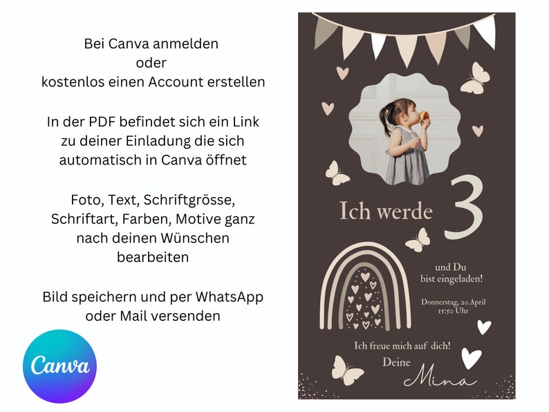 Puede incluir: Una invitaci&oacute;n de cumplea&ntilde;os marr&oacute;n con un arco&iacute;ris, corazones, mariposas y el texto "Ich werde 3" (Cumplo 3 a&ntilde;os). La invitaci&oacute;n tambi&eacute;n incluye el texto "und Du bist eingeladen!" (&iexcl;y t&uacute; est&aacute;s invitado!), "Donnerstag, 20 April 17:30 Uhr" (Jueves, 20 de abril, 17:30), "Ich freue mich auf dich!" (&iexcl;Tengo muchas ganas de verte!), y "Deine Mina" (Tu Mina).