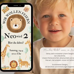 Diese digitale Einladungskarte für Kinder kombiniert Safari Tiere und sanfte Erdtöne zu einer stimmigen Geburtstagseinladung.