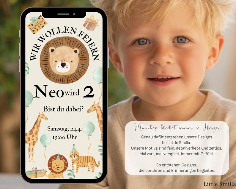 Diese digitale Einladungskarte für Kinder kombiniert Safari Tiere und sanfte Erdtöne zu einer stimmigen Geburtstagseinladung.