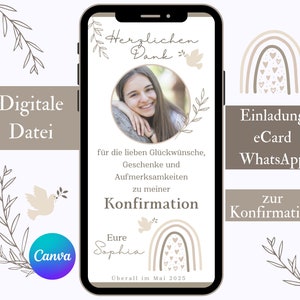Carte de remerciement fille de confirmation, merci numérique avec photo WhatsApp, confirmation eCard boho, modèle Canva, carte photo Merci beaucoup