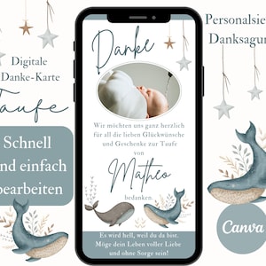 Danksagung Taufe, Dankeskarte Tauffeier, Danke für Glückwünsche Junge und Mädchen, Danke per WhatsApp, eCard Taufkarte personalisiert Fisch